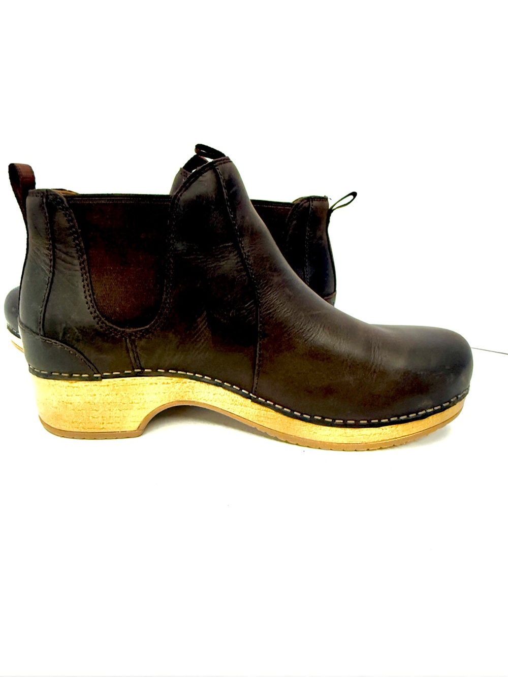 Dansko Dark Brown Leather Chelsea Clog Bootie with Wood-Look Heel. Never worn